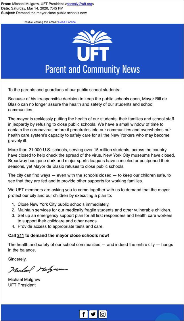 A memo from UFT president Michael Mulgrew explaining why the mayor should close schools